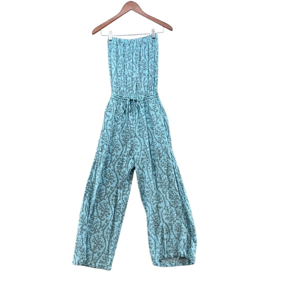 Lani Lau Jumpsuit Womens S/M Blue Coral Print Strapless Pockets Wide Leg
